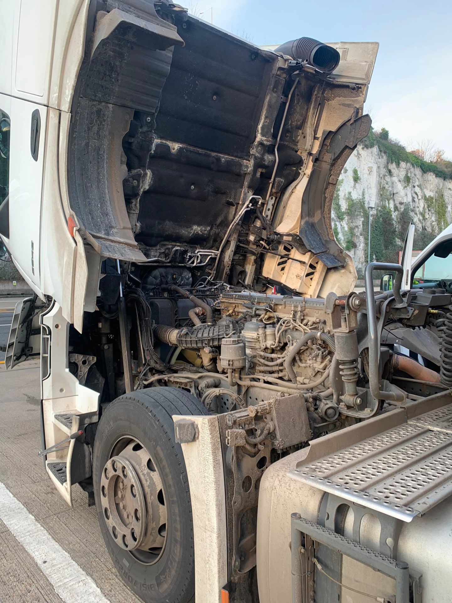HGV cab tilted for engine diagnostics